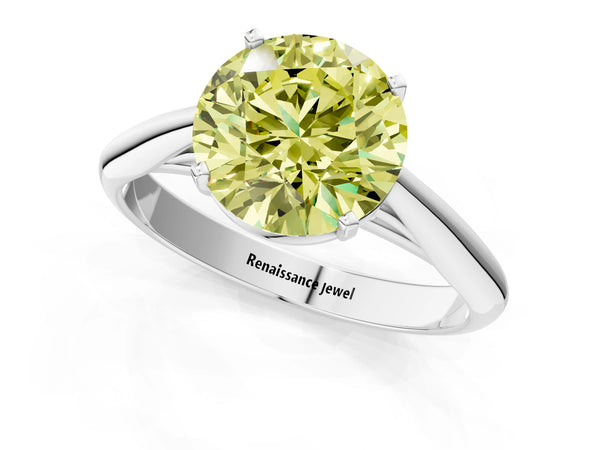 White gold Fancy Yellow Round Cut Diamond Solitaire Engagement Ring with Cathedral Setting and Four-Prong Mount