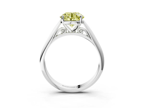 White gold Fancy Yellow Round Cut Diamond Solitaire Engagement Ring with Cathedral Setting and Four-Prong Mount