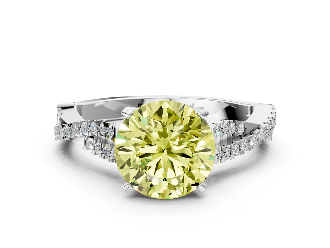White gold Fancy Yellow Round Cut Diamond Solitaire Engagement Ring with Twisted Pavé Band and Four-Prong Setting_97