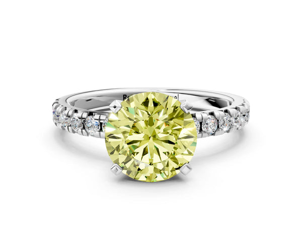 White Gold Round Solitaire Engagement Ring Setting for Fancy Yellow Center with Large Round Accent Band and Basket Head