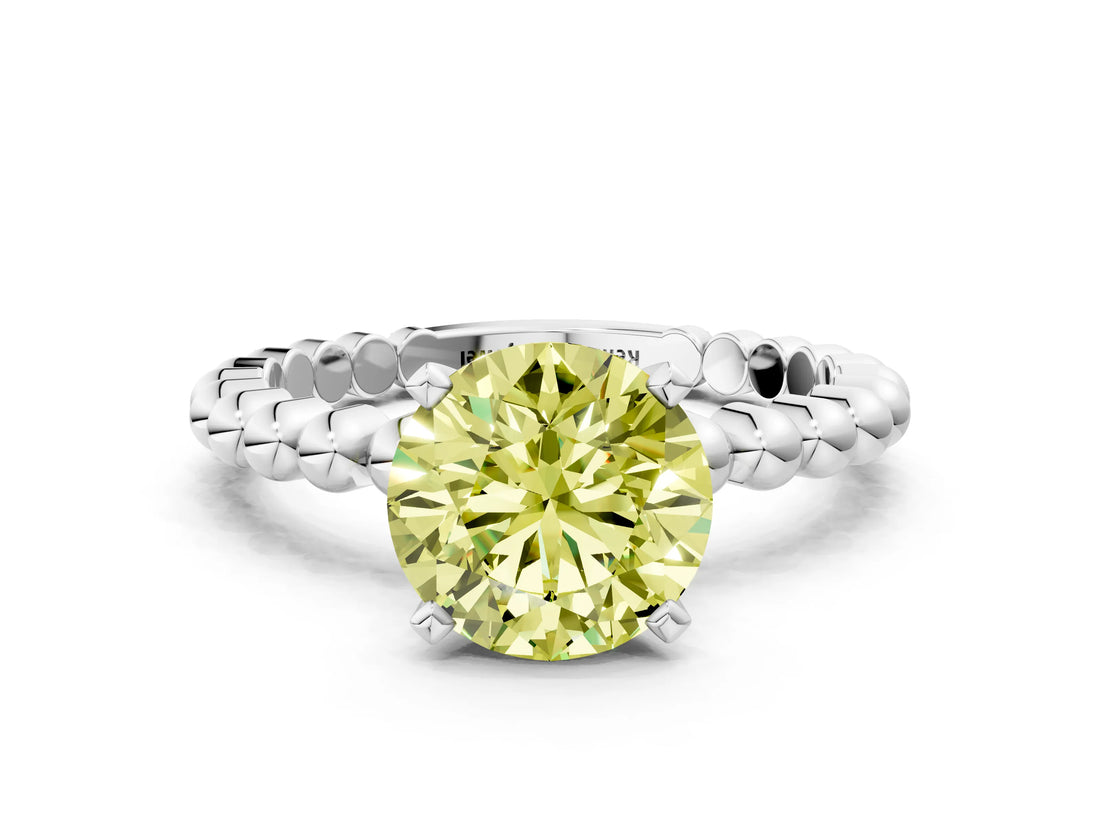 White gold Fancy Yellow Round Cut Diamond Solitaire Ring with Beaded Band and Prong Setting_95
