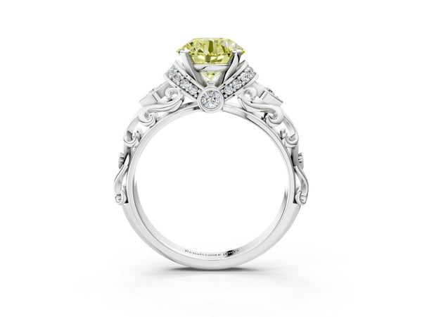 White gold Fancy Yellow Round Cut Diamond Solitaire Ring with Filigree Band and Four-Prong Setting