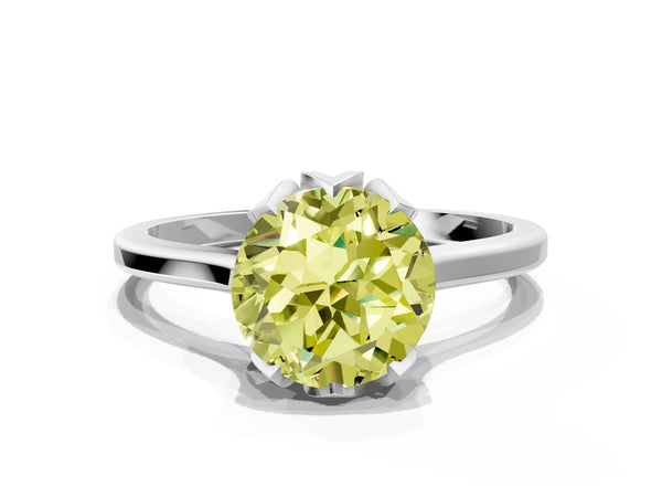 White gold Fancy Yellow Round Cut Diamond Solitaire Ring with Flower Prong Setting and Classic Band