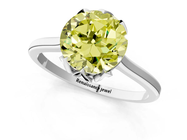 White gold Fancy Yellow Round Cut Diamond Solitaire Ring with Flower Prong Setting and Classic Band