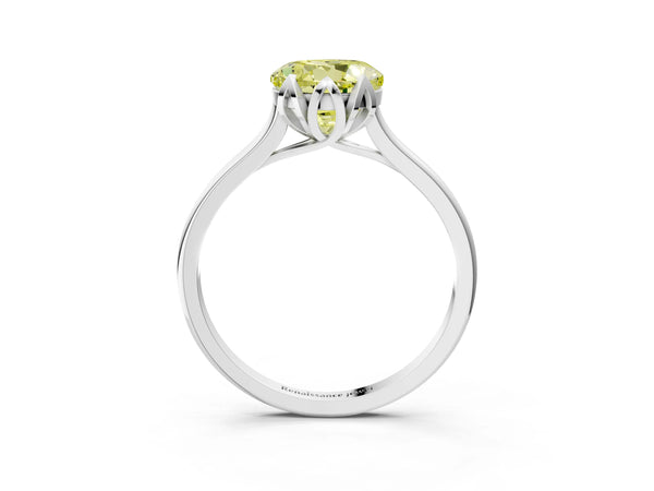 White gold Fancy Yellow Round Cut Diamond Solitaire Ring with Flower Prong Setting and Classic Band