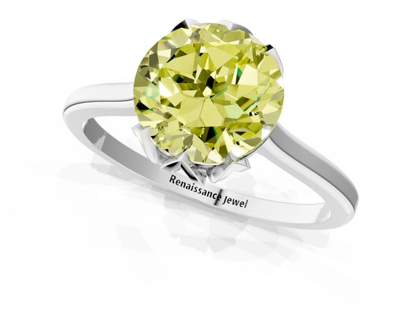 White gold Fancy Yellow Round Cut Diamond Solitaire Ring with Flower Prong Setting and Classic Band