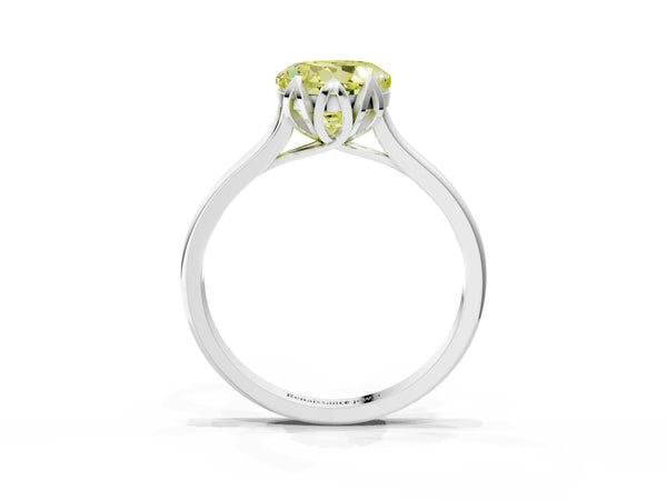 White gold Fancy Yellow Round Cut Diamond Solitaire Ring with Flower Prong Setting and Classic Band