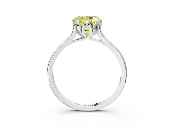White gold Fancy Yellow Round Cut Diamond Solitaire Ring with Flower Prong Setting and Classic Band
