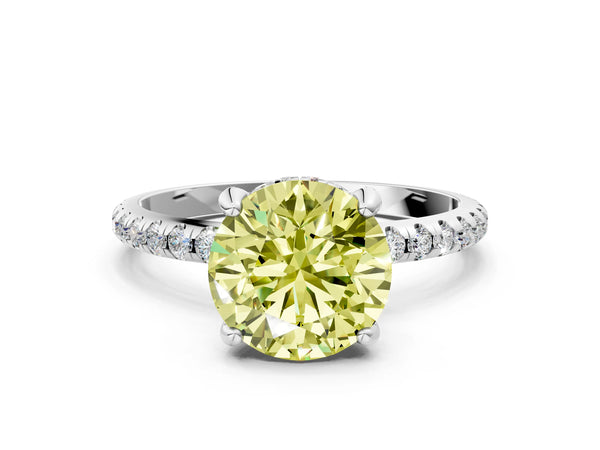 Platinum Fancy Yellow Round Cut Diamond Solitaire Ring with Four-Prong Setting and Pavé Band
