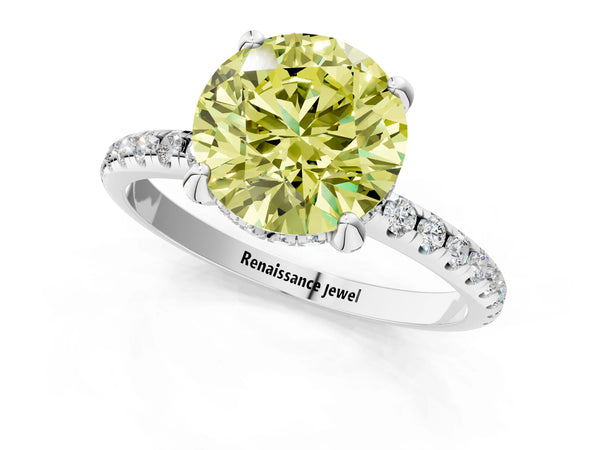 Platinum Fancy Yellow Round Cut Diamond Solitaire Ring with Four-Prong Setting and Pavé Band
