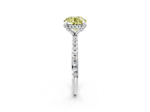 Platinum Fancy Yellow Round Cut Diamond Solitaire Ring with Four-Prong Setting and Pavé Band