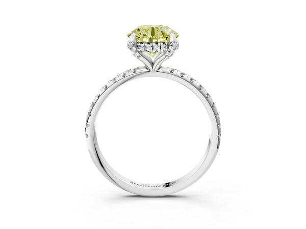 Platinum Fancy Yellow Round Cut Diamond Solitaire Ring with Four-Prong Setting and Pavé Band