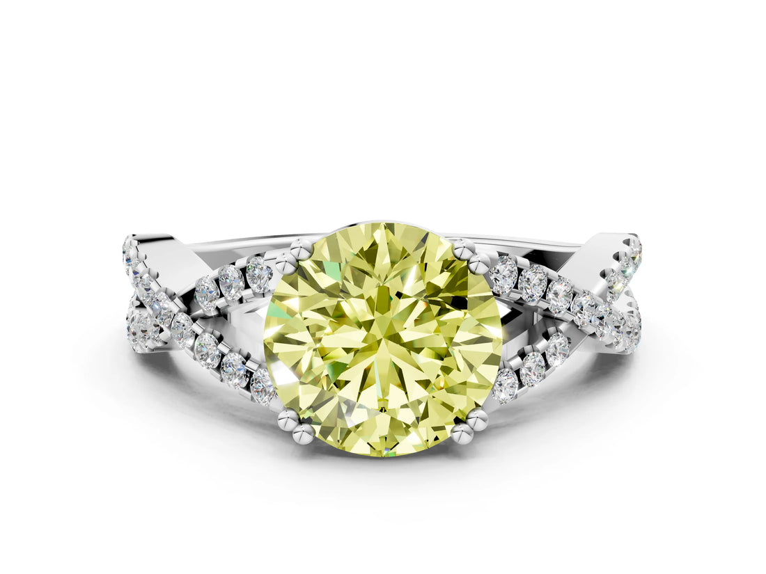 White gold Fancy Yellow Round Cut Diamond Solitaire Ring with Four-Prong Setting and Twisted Pavé Band_17