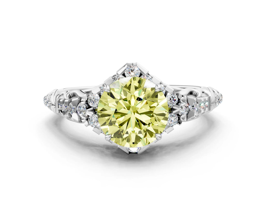 White gold Fancy Yellow Round Cut Diamond Solitaire Ring with Hidden Halo and Pavé Band_51