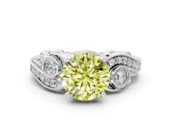 Platinum Fancy Yellow Round Cut Diamond Solitaire Ring with Milgrain Pavé Band and Four-Prong Setting