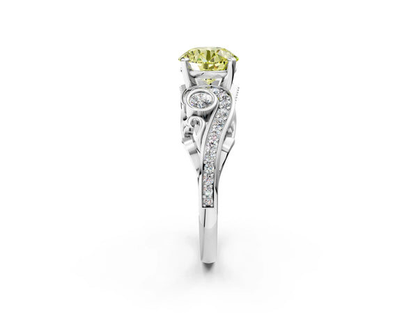 Platinum Fancy Yellow Round Cut Diamond Solitaire Ring with Milgrain Pavé Band and Four-Prong Setting