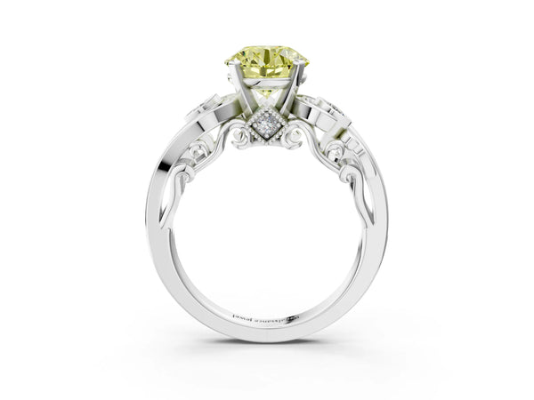 Platinum Fancy Yellow Round Cut Diamond Solitaire Ring with Milgrain Pavé Band and Four-Prong Setting