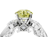 White gold Fancy Yellow Round Cut Diamond Solitaire Ring with Milgrain Pavé Band and Four-Prong Setting_56