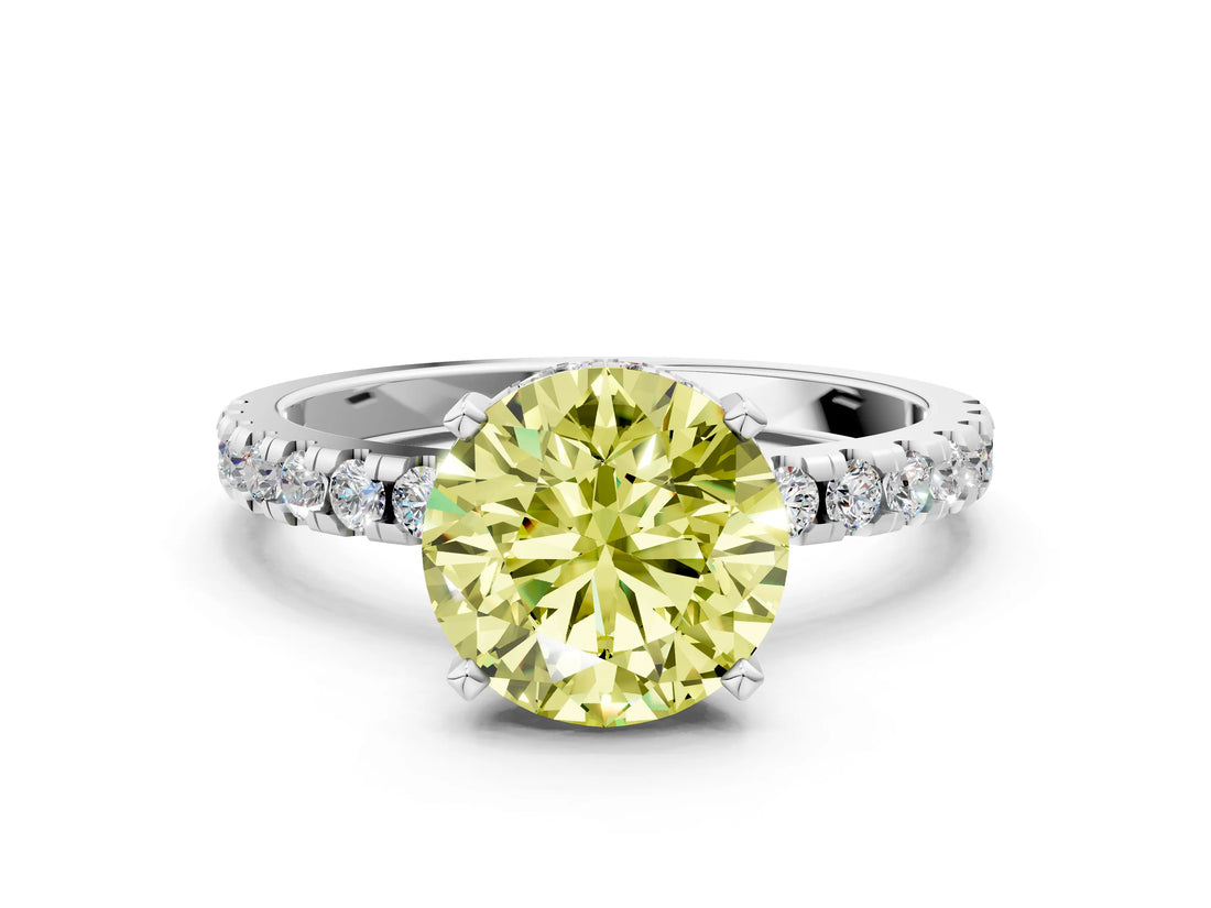 White gold Fancy Yellow Round Cut Diamond Solitaire Ring with Pavé Band and Four-Prong Setting_30