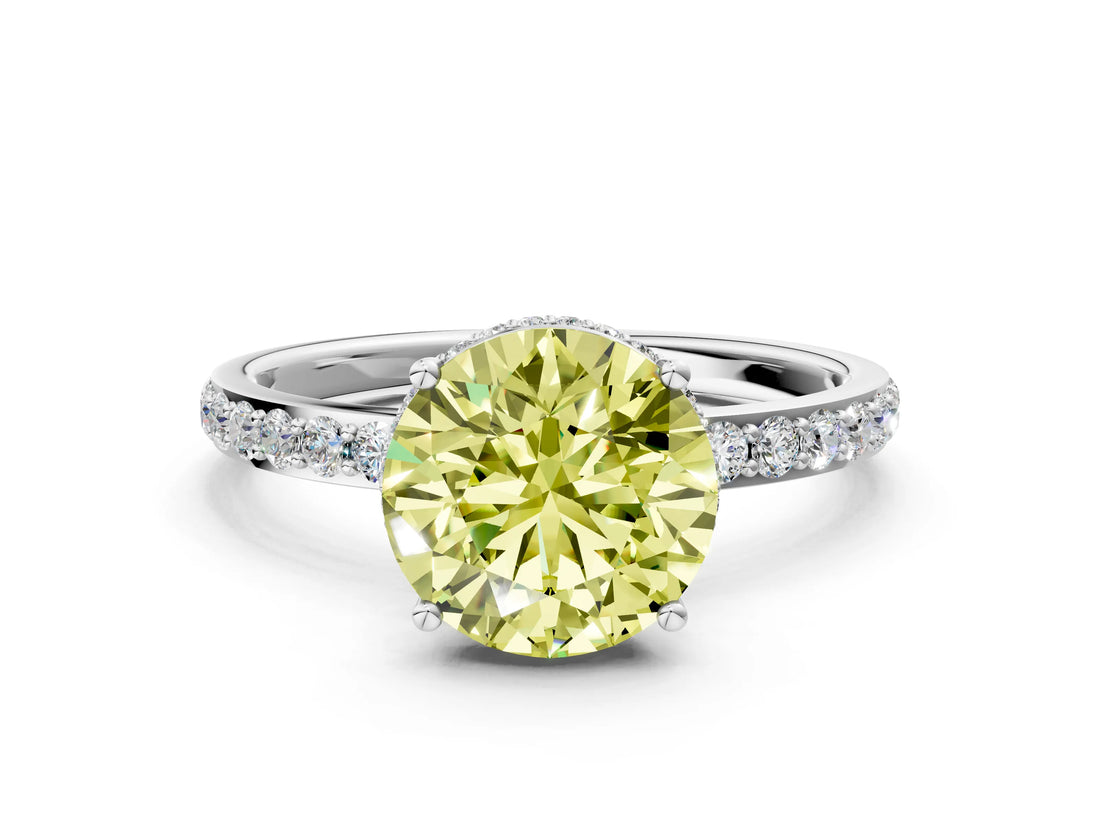 White gold Fancy Yellow Round Cut Diamond Solitaire Ring with Pavé Band and Hidden Halo_31