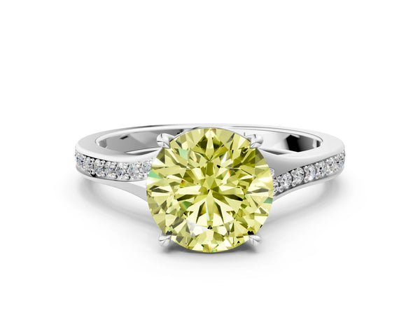 White gold Fancy Yellow Round Cut Diamond Solitaire Ring with Pavé Band and Prong Setting