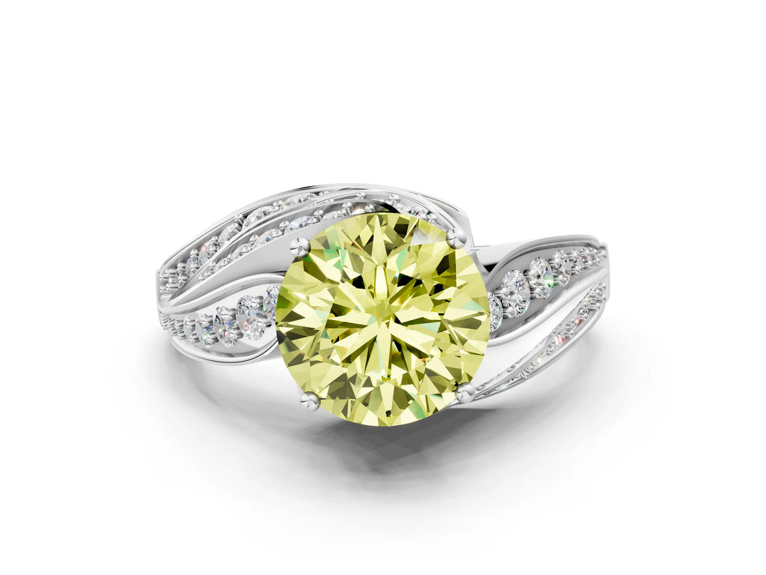 White gold Fancy Yellow Round Cut Diamond Solitaire Ring with Prong Setting and Twisted Pavé Band_24