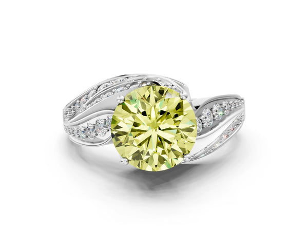 White gold Fancy Yellow Round Cut Diamond Solitaire Ring with Prong Setting and Twisted Pavé Band