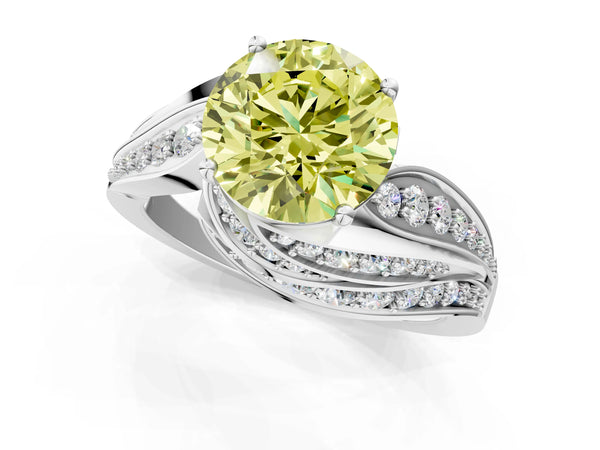 White gold Fancy Yellow Round Cut Diamond Solitaire Ring with Prong Setting and Twisted Pavé Band
