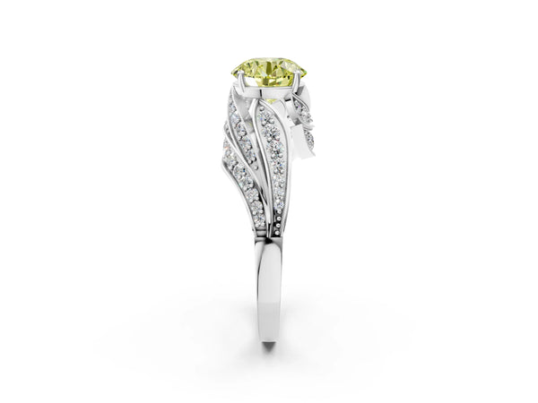 White gold Fancy Yellow Round Cut Diamond Solitaire Ring with Prong Setting and Twisted Pavé Band