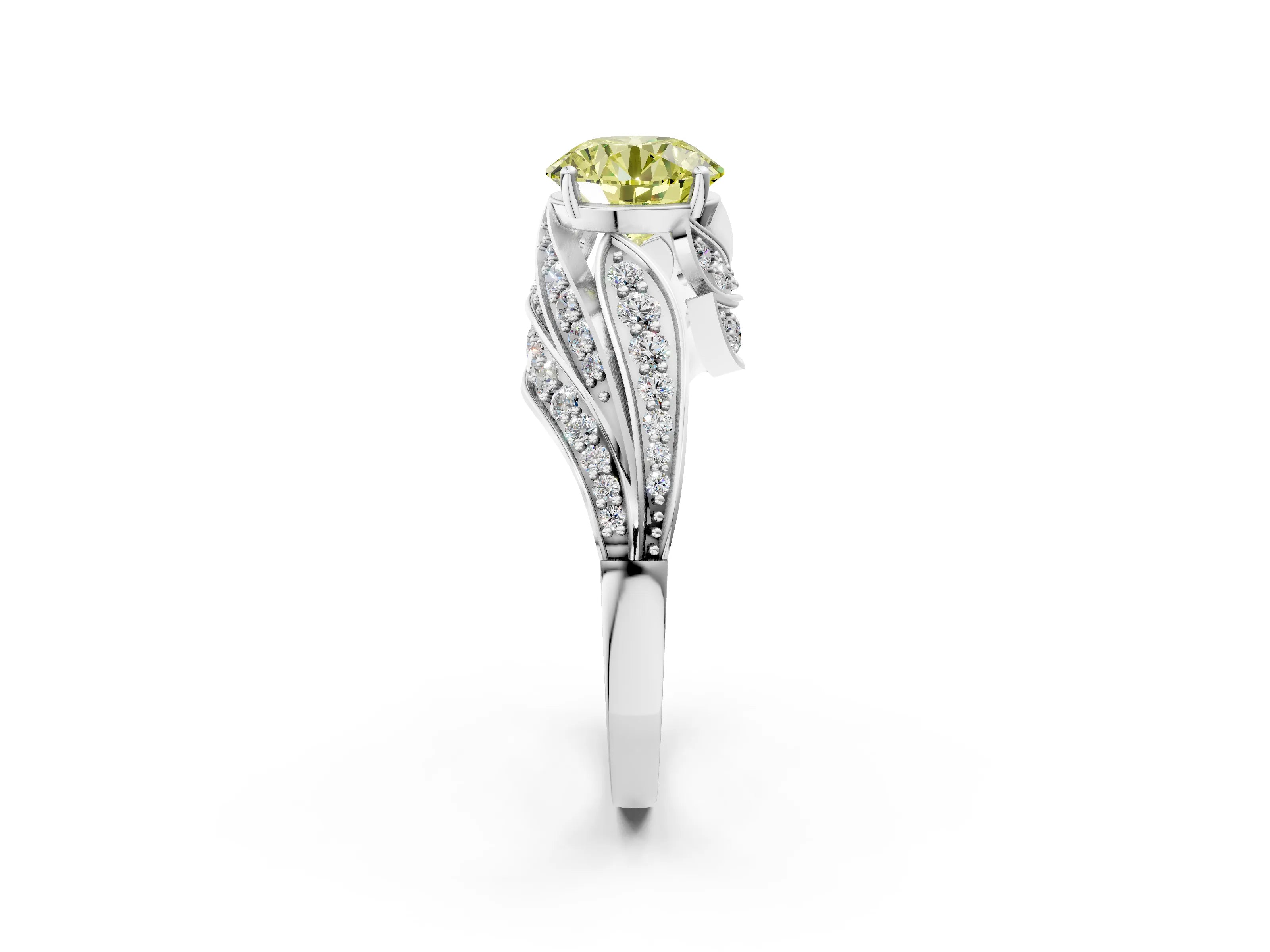 White gold Fancy Yellow Round Cut Diamond Solitaire Ring with Prong Setting and Twisted Pavé Band_26