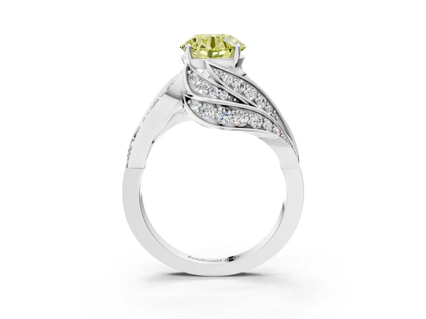 White gold Fancy Yellow Round Cut Diamond Solitaire Ring with Prong Setting and Twisted Pavé Band