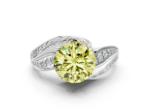 White gold Fancy Yellow Round Cut Diamond Solitaire Ring with Prong Setting and Twisted Pavé Band