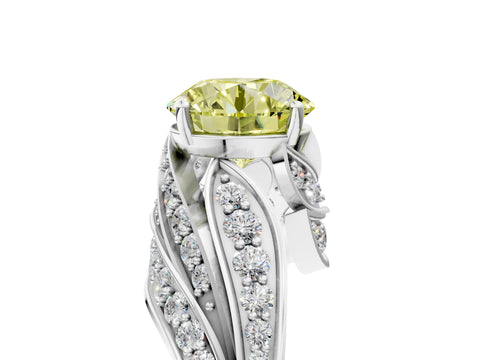 White gold Fancy Yellow Round Cut Diamond Solitaire Ring with Prong Setting and Twisted Pavé Band_5