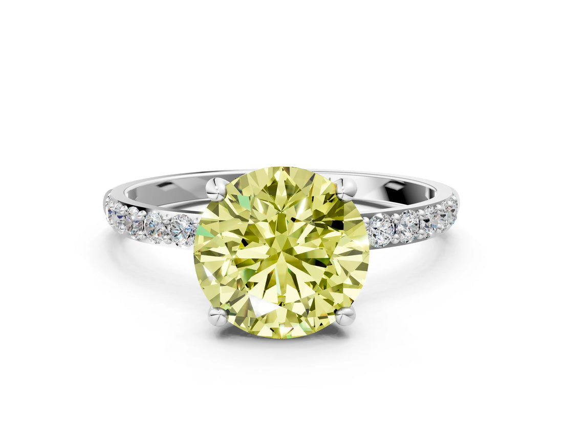 White gold Fancy Yellow Round Cut Diamond Solitaire Ring with Round  Pavé Band and Prong Setting_72