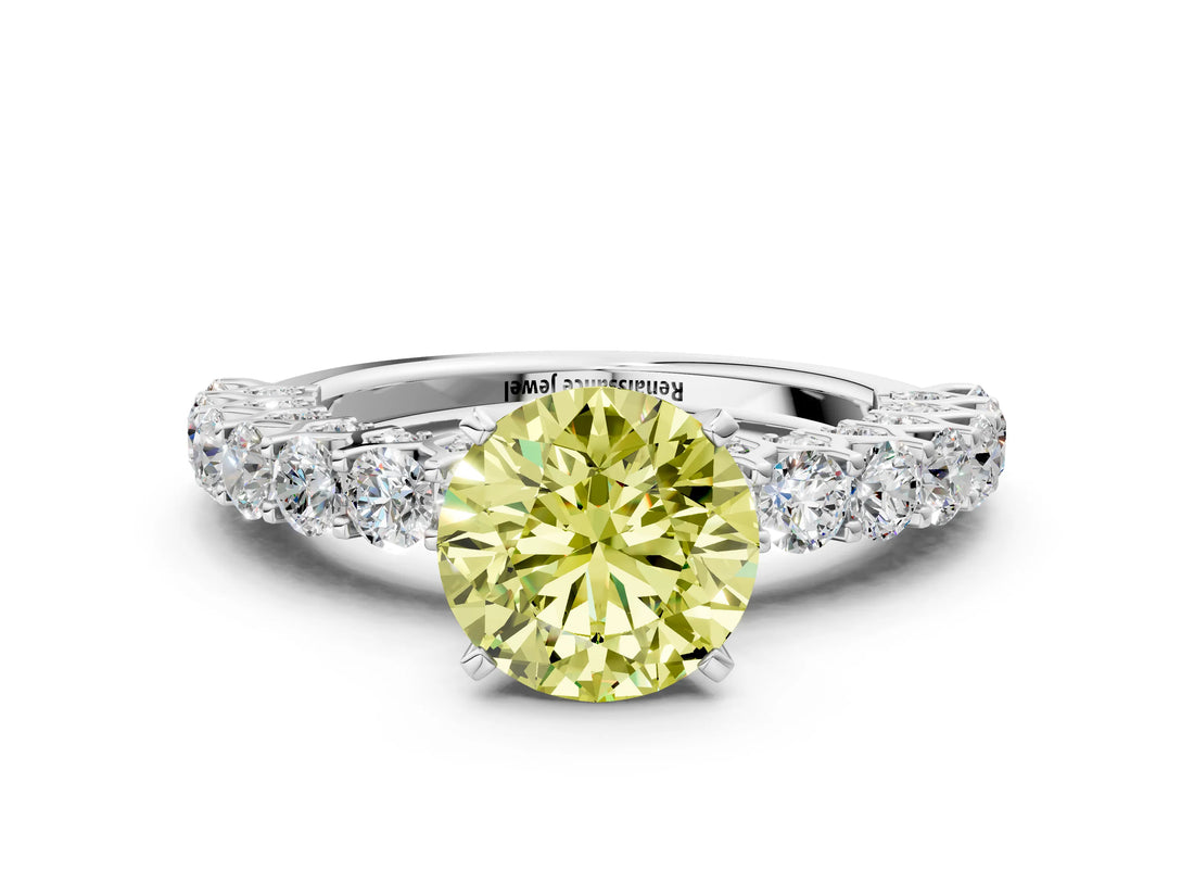 White gold Fancy Yellow Round Cut Diamond Solitaire Ring with Shared Prong Pavé Band and Four-Prong Setting_45