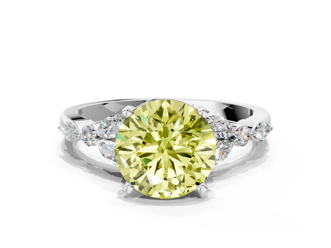 White gold Fancy Yellow Round Cut Diamond Solitaire Ring with Side Stones and Four-Prong Setting_41