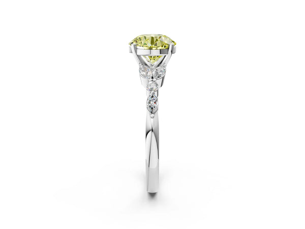 White gold Fancy Yellow Round Cut Diamond Solitaire Ring with Side Stones and Four-Prong Setting