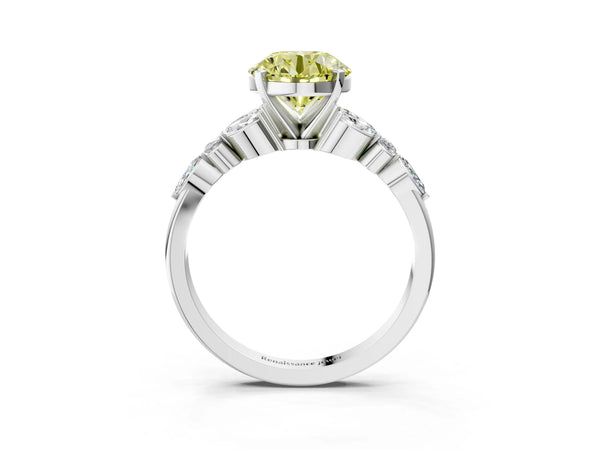 White gold Fancy Yellow Round Cut Diamond Solitaire Ring with Side Stones and Four-Prong Setting