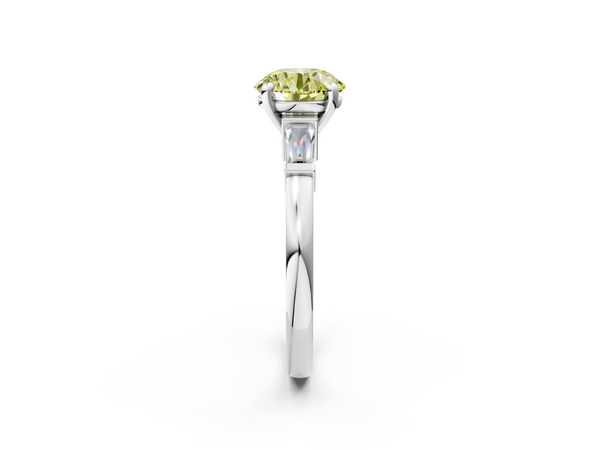 Platinum Fancy Yellow Round  Cut Diamond Solitaire Ring with Tapered Baguette Accents and Four-Prong Setting