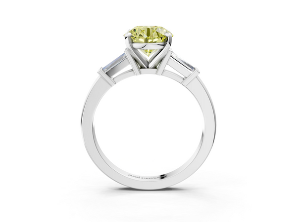 Platinum Fancy Yellow Round  Cut Diamond Solitaire Ring with Tapered Baguette Accents and Four-Prong Setting