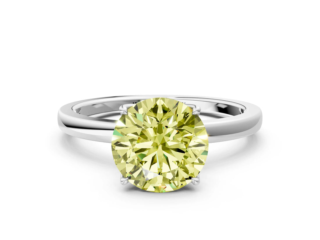 White gold Fancy Yellow Round Cut Diamond Solitaire Ring with Thin Band and Prong Setting_25
