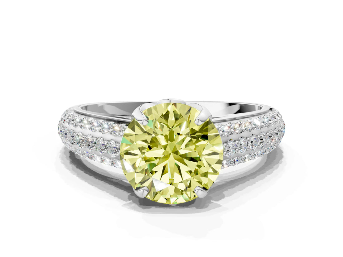 White gold Fancy Yellow Round Cut Diamond Solitaire Ring with Three-Row Pavé Band and Four-Prong Setting_29