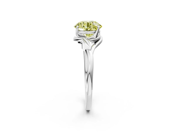 White gold Fancy Yellow Round Cut Diamond Solitaire Ring with Twist Band and Four-Prong Setting