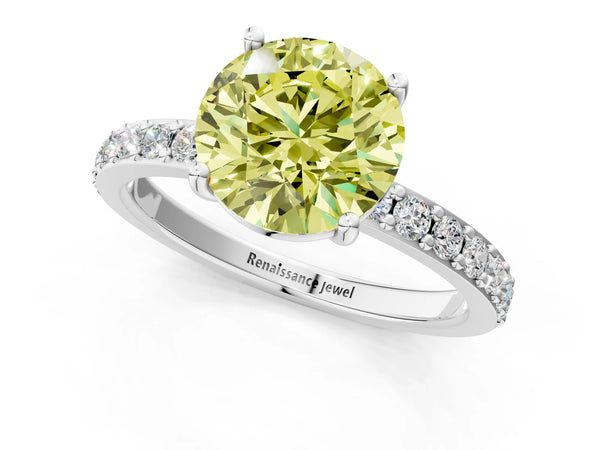 White gold Fancy Yellow Round  Cut Diamond Solitaire with Pave Band and Four-Prong Setting