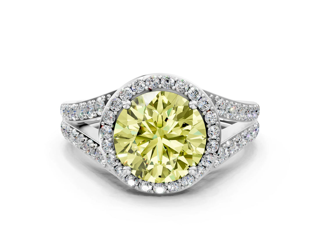 White gold Fancy Yellow Round Cut Diamond Split Shank Halo Ring with Four-Prong Setting_41