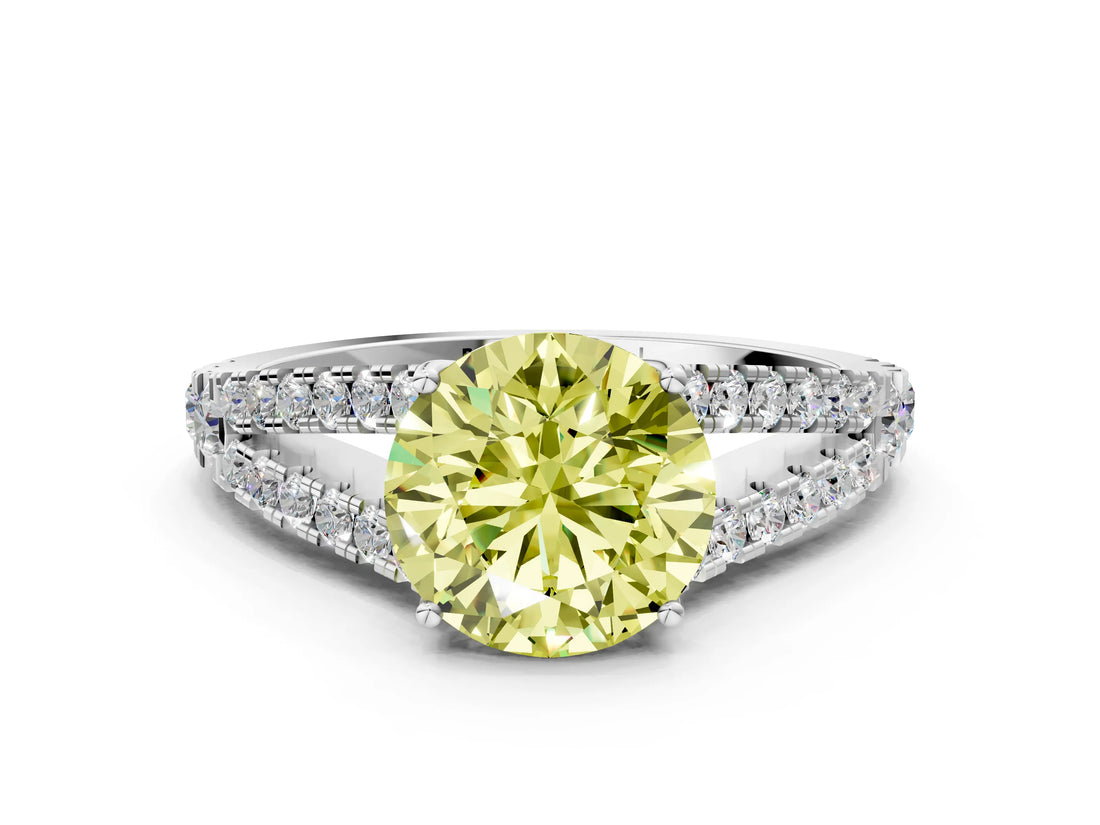 White gold Fancy Yellow Round Cut Diamond Split Shank Pavé Engagement Ring with Four-Prong Setting_29
