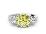 White gold Fancy Yellow Round Cut Diamond Three-Stone Engagement Ring with Prong Setting and Pavé Band