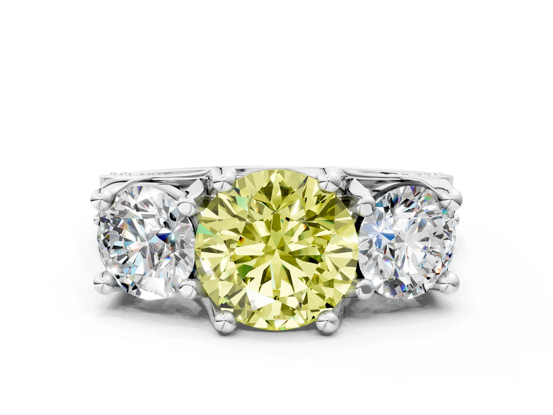 White gold Fancy Yellow Round Cut Diamond Three-Stone Ring with Channel Set Band and Four-Prong Setting_46