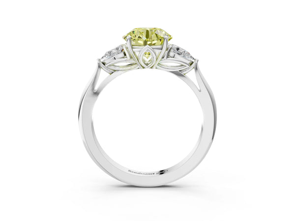 Platinum Round Three Stone Pear Side Engagement Ring Setting for Fancy Yellow Center