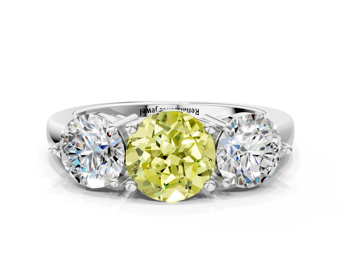 White gold Fancy Yellow Round Cut Diamond Three-Stone Ring with Prong Setting and Classic Band_88